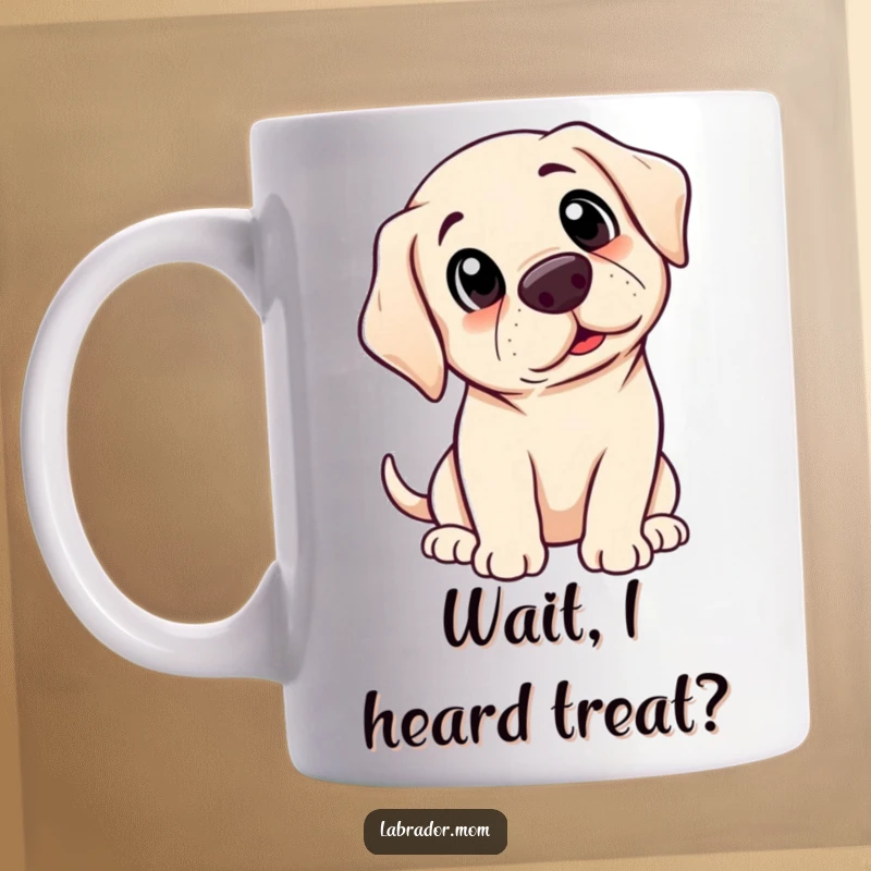 Funny Kawaii Labrador mug with an adorable dog tilting its head in utter surprise and curiosity, a perfect gift.