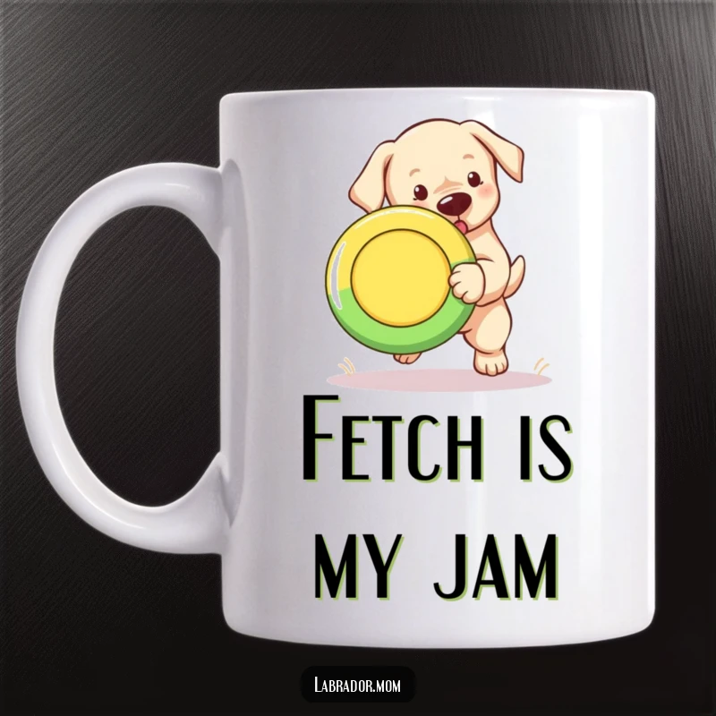 Funny Labrador puppy mug with a cute cub joyfully fetching a brightly colored Frisbee.