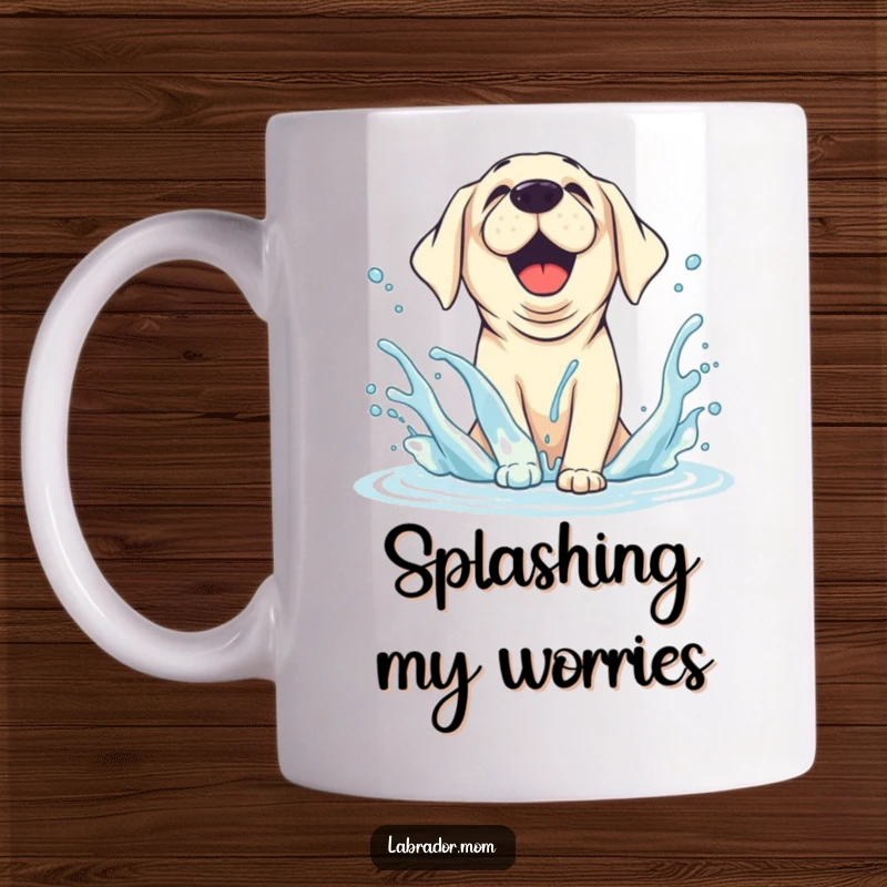 Funny Mug showing a joyful, animated Labrador splashing water with happy abandon, creating a delightful, energetic scene.