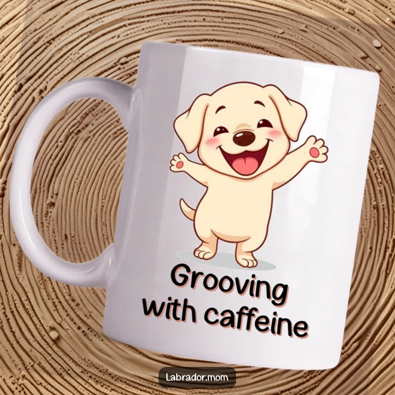 Funny Kawaii Labrador Mug, a cute dog doing a silly dance with a goofy smile, pure joy and fun, gift.