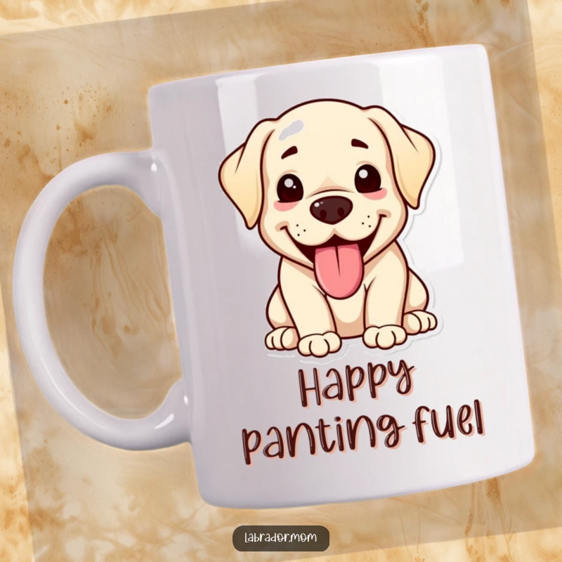 Funny kawaii Labrador mug showcasing a happy, panting dog with its tongue out, embodying pure, adorable, hilarious canine joy.