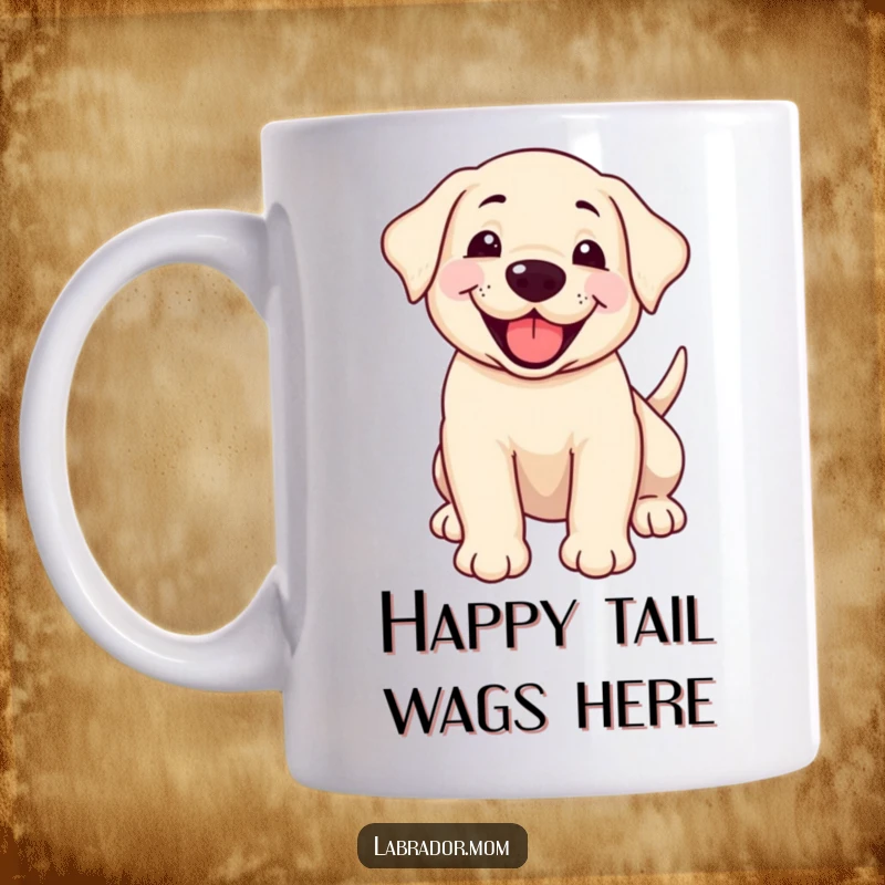 Funny smiling Labrador cub panting happily while wagging its tail, depicted on a mug, perfect for dog enthusiasts.