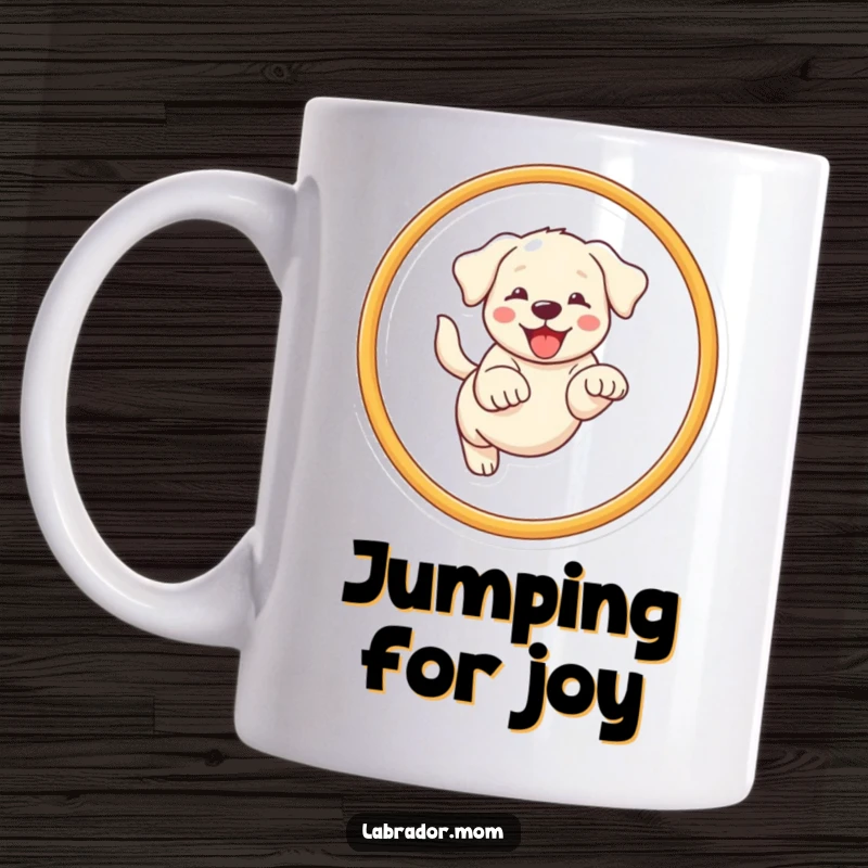 Funny Kawaii Labrador mug showing a cheerful dog leaping athletically through a hoop, ideal funny gift.