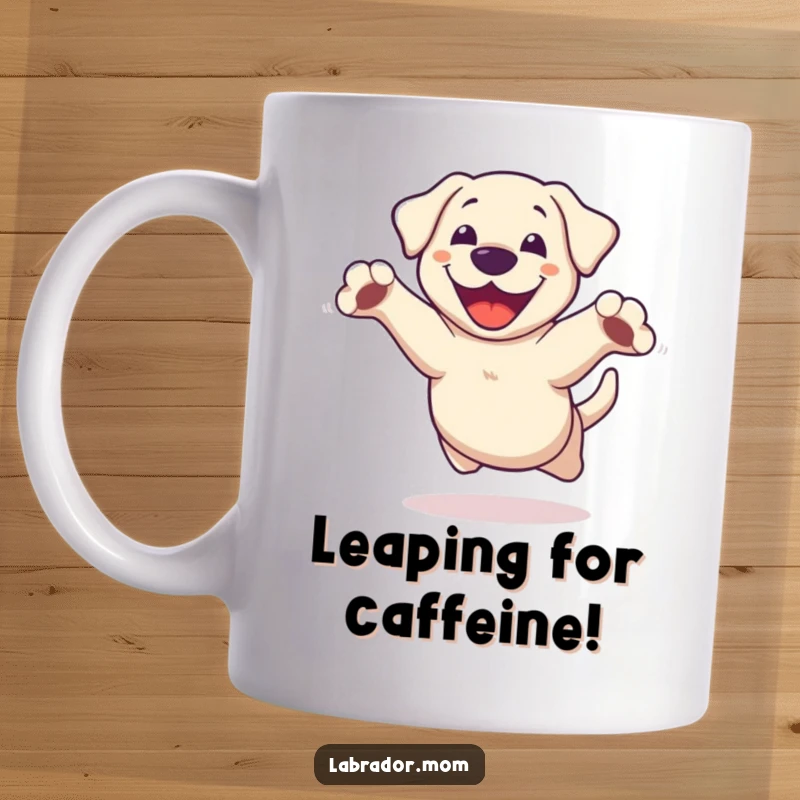 Funny Kawaii Labrador Mug, a dog doing a joyful leap mid-air with paws outstretched, celebrating happiness and fun.