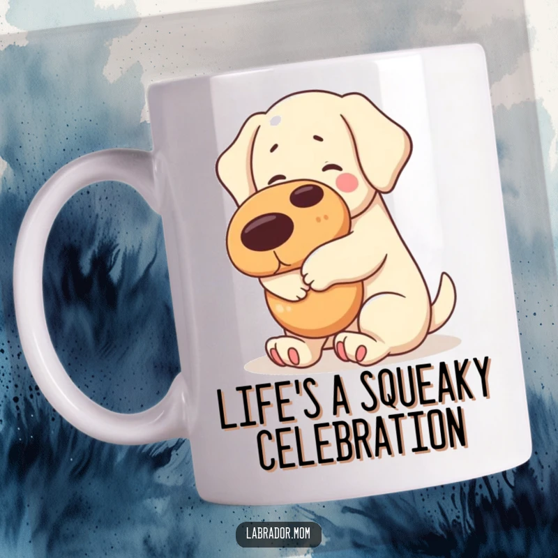 Funny kawaii Labrador dog hugging a giant, cartoonish squeaky toy on a ceramic mug, pure joy.
