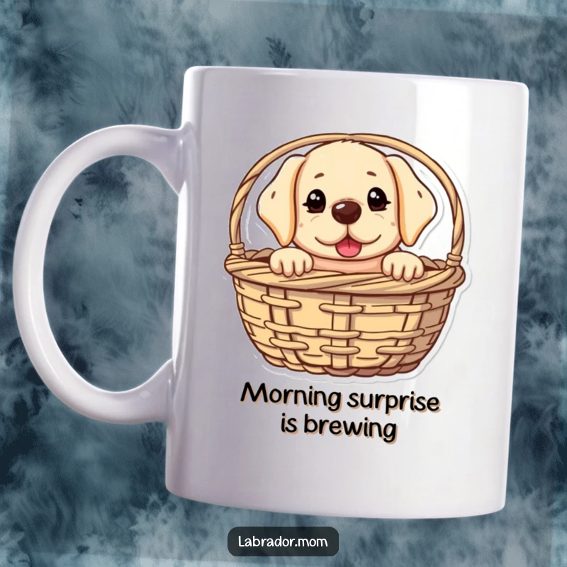 Funny kawaii Labrador mug showing a cute pup with a mischievous glint, peeking playfully from a basket, perfect for dog lovers.