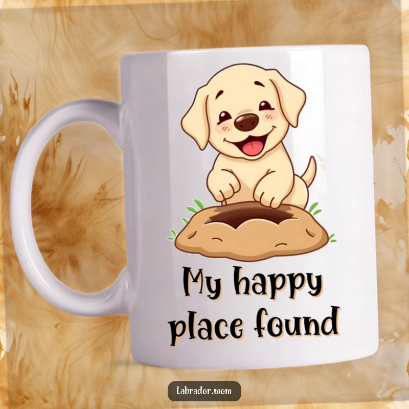 Funny Mug: A cute kawaii labrador dog joyfully digging a comically large hole, expressing pure playful energy, perfect for dog lovers.