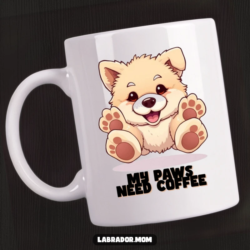 Funny Mug with a fluffy, happy dog with oversized paws playfully pouncing forward with excitement and joy, a perfect gift.
