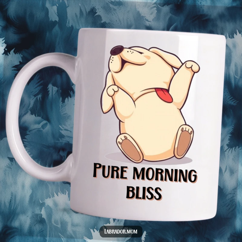 Funny Labrador mug showing a dog rolling on its back with pure joy and happiness, a perfect funny gift.