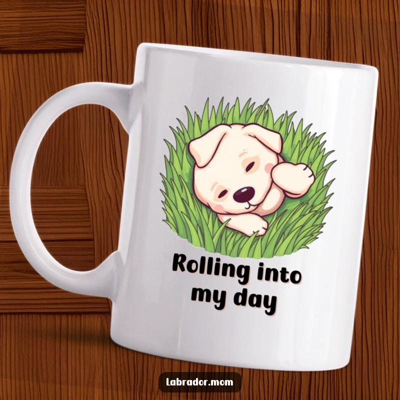 Funny kawaii Labrador dog rolling joyfully in soft green grass, a happy and playful mug design.