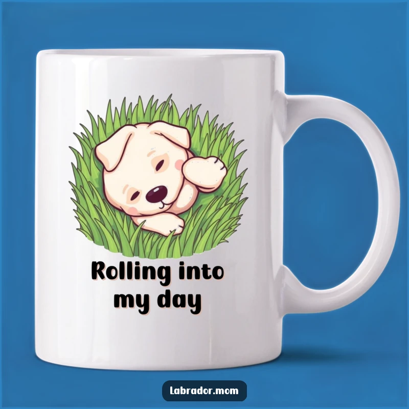 Funny Kawaii Labrador Mug: Rolling in Grass, Joyful Dog Gift