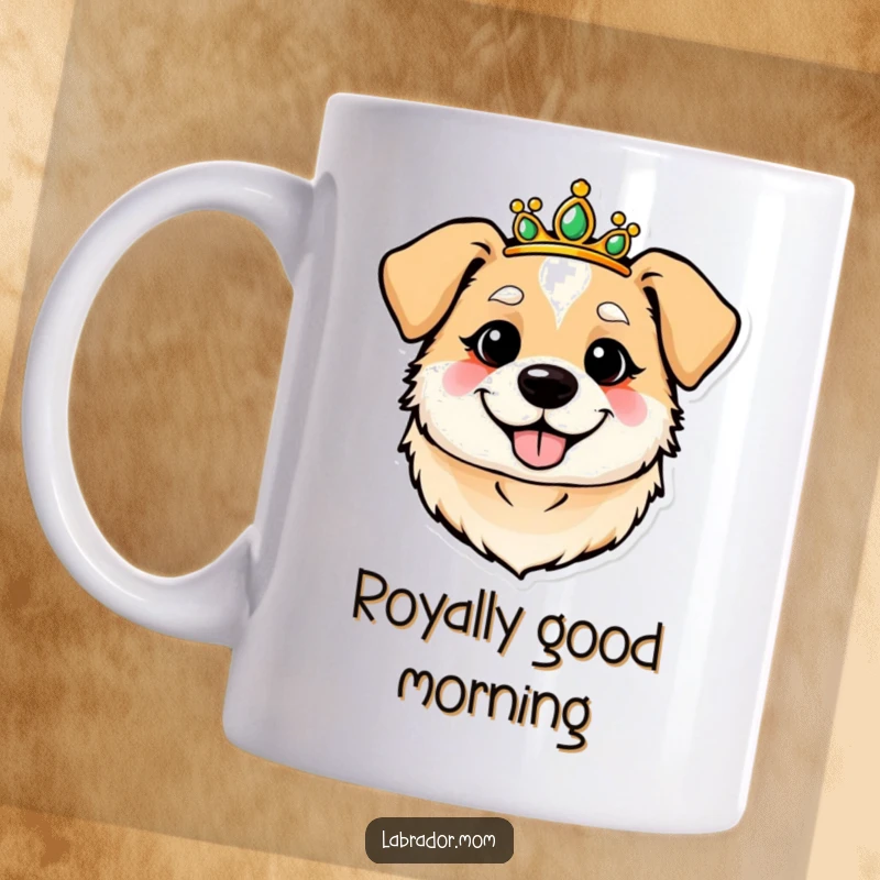 Funny, round, cheerful dog head wearing a sparkling tiara, looking absolutely regal and happy. A delightful canine accessory.