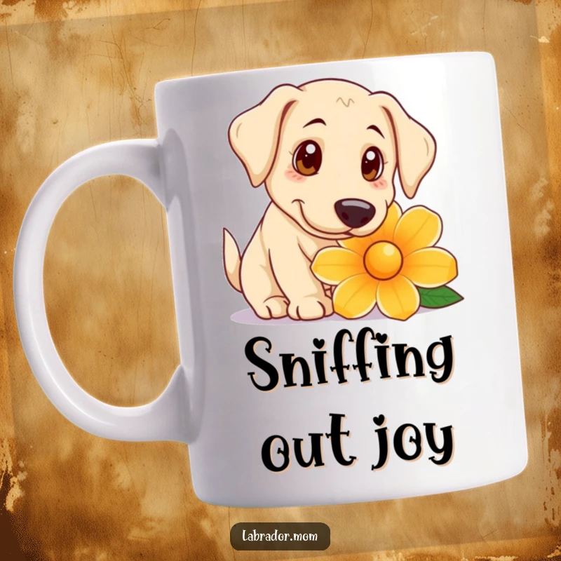 Funny Mug showcasing a playful Labrador with big, curious eyes intently sniffing a giant, vibrant flower with wonder.