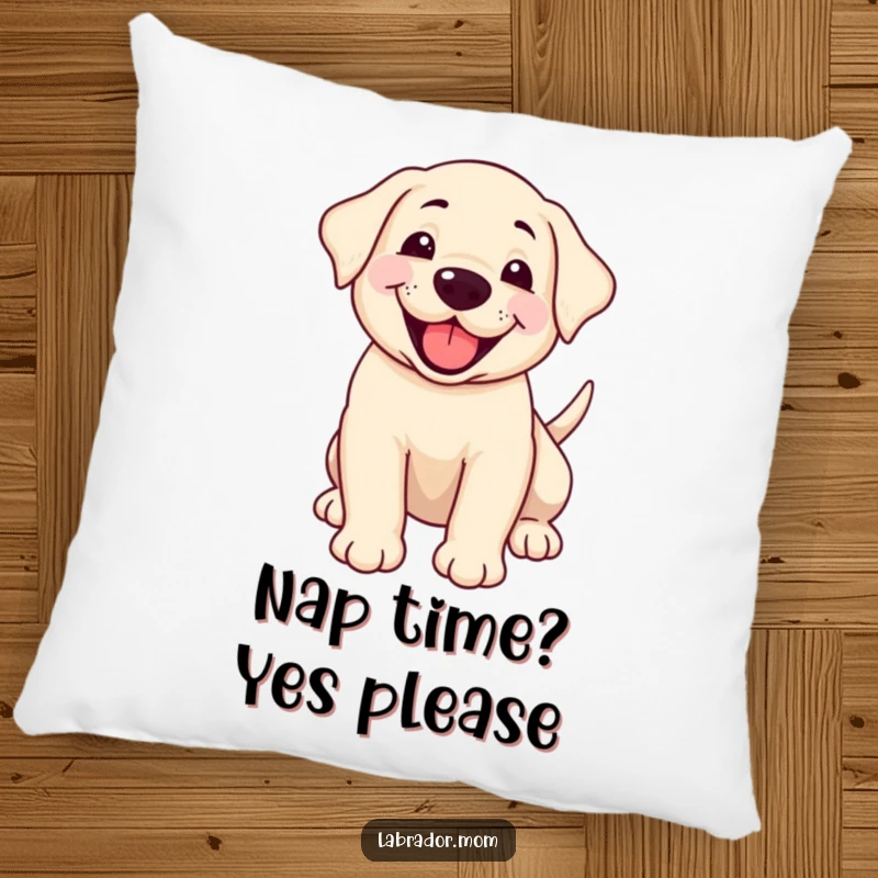 Funny smiling Labrador cub panting happily with a wagging tail on a soft, decorative pillow.