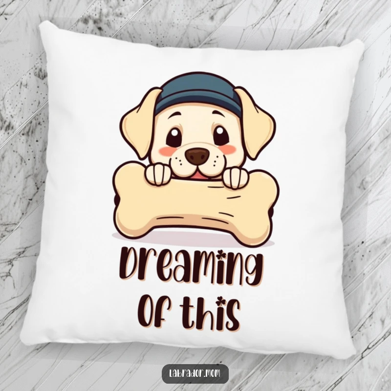 Funny Kawaii Labrador pillow with a cute dog peeking from behind a giant bone, offering softness and charm.