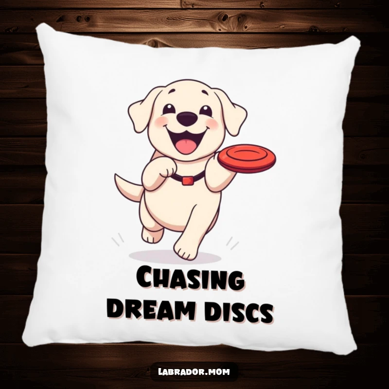 Funny Kawaii Labrador pillow, a soft cushion with a happy dog grinning while chasing a frisbee, perfect for lounging.