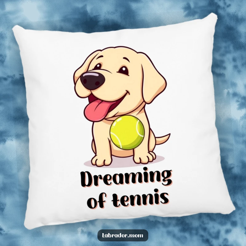 Funny Kawaii Labrador pillow, a soft cushion with a happy panting dog holding a slobbery tennis ball, perfect for lounging.