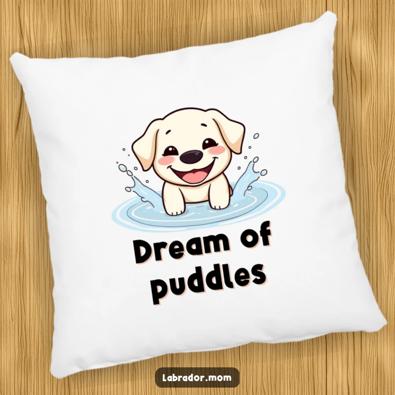 Funny Kawaii Labrador pillow with a big happy grin, depicted splashing in a water puddle, offering soft comfort and playful vibes.