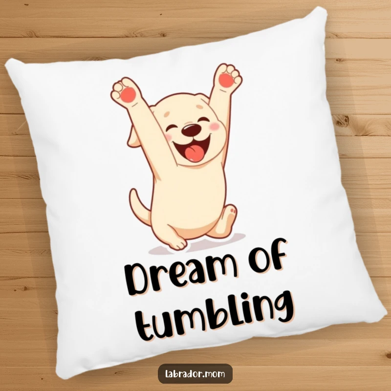 Funny Kawaii Labrador pillow depicting a dog doing a playful somersault with a gleeful expression, offering cozy comfort and humorous fun.