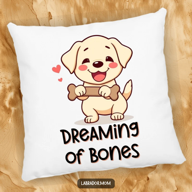 Funny Kawaii Labrador Pillow with a happy dog wagging its tail and holding a bone, perfect for cozy cheer.