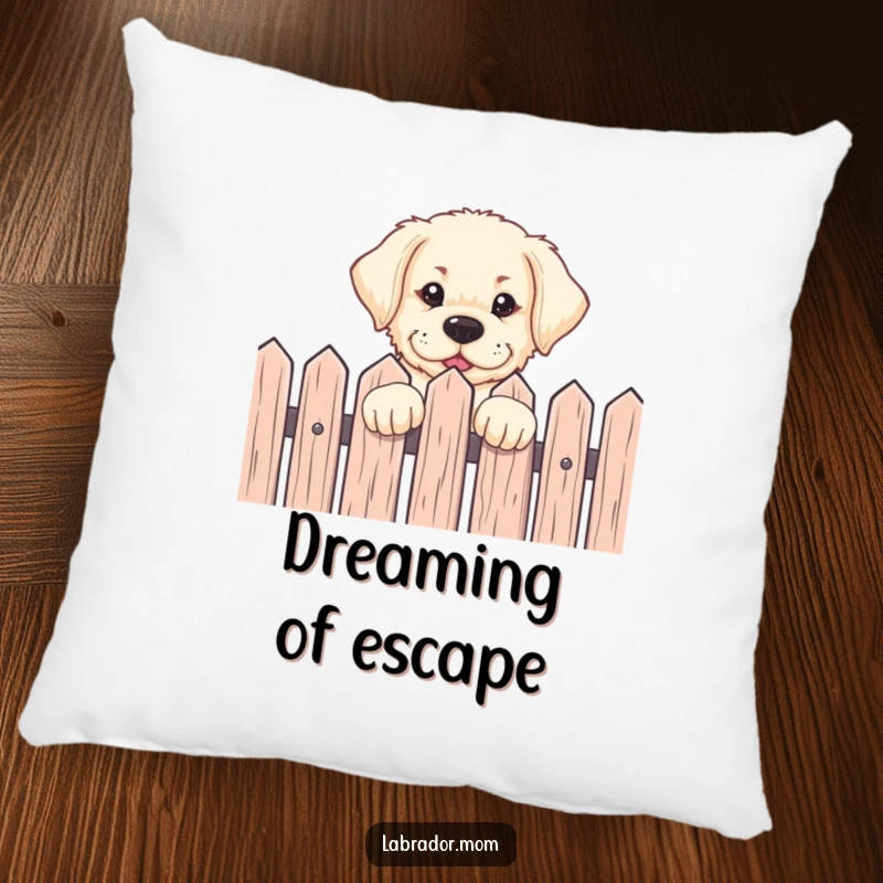 Funny Labrador pup peeking over a fence with an eager expression on a soft decorative pillow, adding humor to any room.