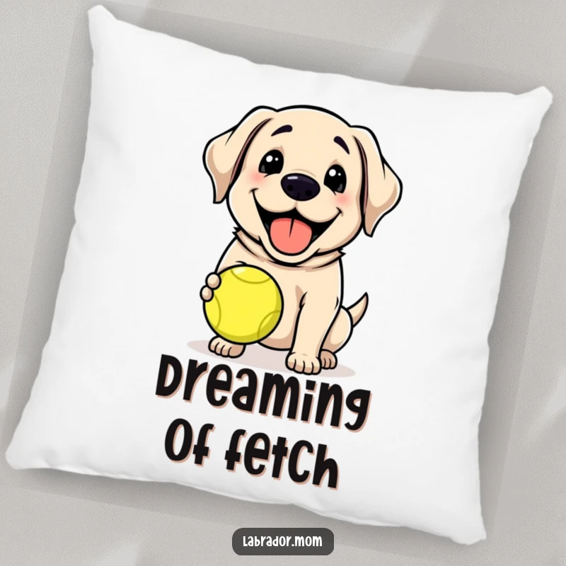 Funny Kawaii Labrador dog grinning, holding a tennis ball, cute cushion, soft pillow, dog decor, funny gift.