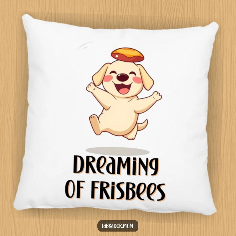 Funny Pillow showing a grinning Labrador character frozen in the moment of catching a frisbee mid-air, full of playful energy.