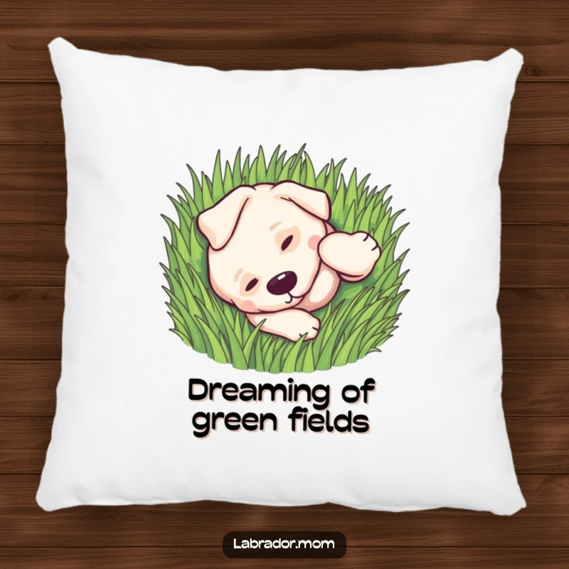 Soft and funny pillow featuring a kawaii Labrador rolling playfully in green grass, ideal for cozy spaces.