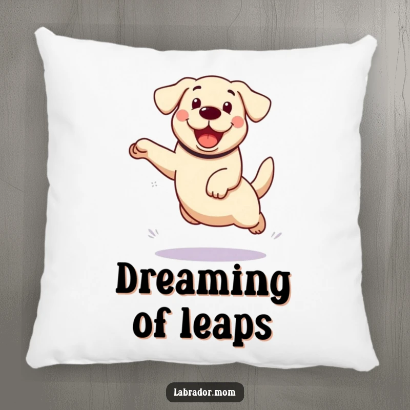 Funny kawaii Labrador dog pillow, soft and decorative, featuring a dog in an enthusiastic, joyful leap.