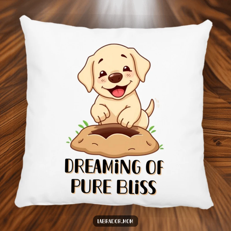 Funny Pillow: A cute kawaii labrador dog enthusiastically digging a comically large hole, adding comfort and humor to any room.