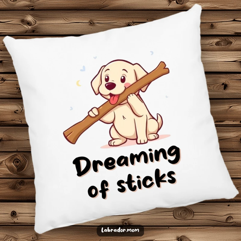 Funny kawaii Labrador happily fetching a comically large stick with a beaming smile, a soft and decorative pillow with a humorous dog theme.