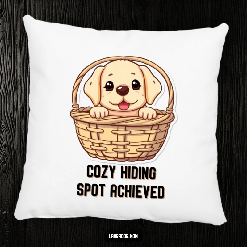 Funny kawaii Labrador pillow with a cute dog peeking from a basket with a mischievous glint, offering cozy comfort and humorous dog-themed decor.