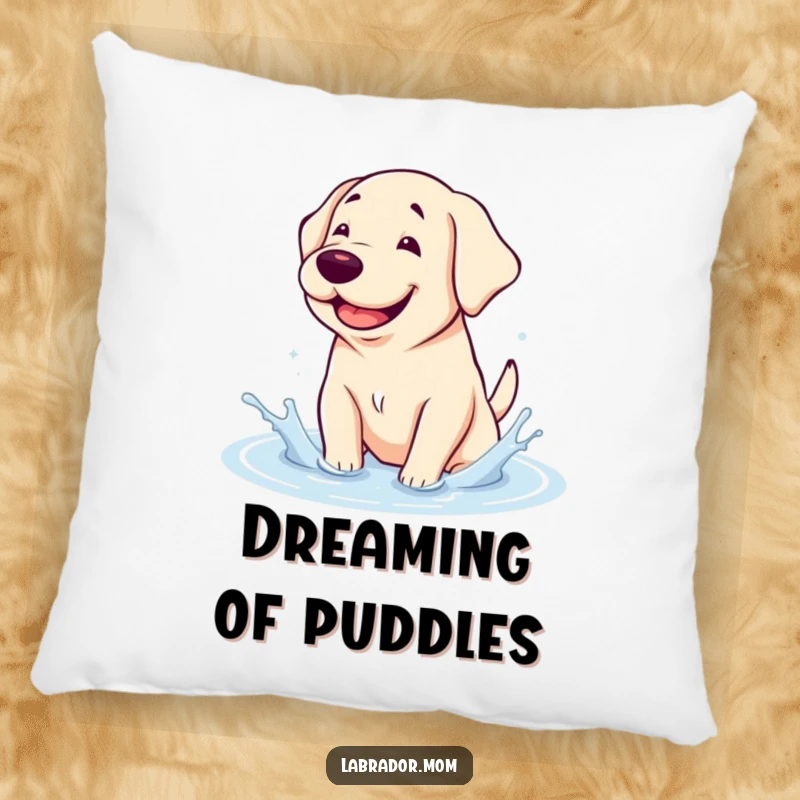 Funny Pillow: A plush pillow with a grinning kawaii Labrador splashing gleefully in a puddle, perfect for dog lovers.