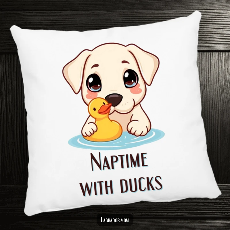 Funny Pillow: A plush pillow with a kawaii Labrador with big curious eyes nudging a rubber duck, perfect for dog lovers.