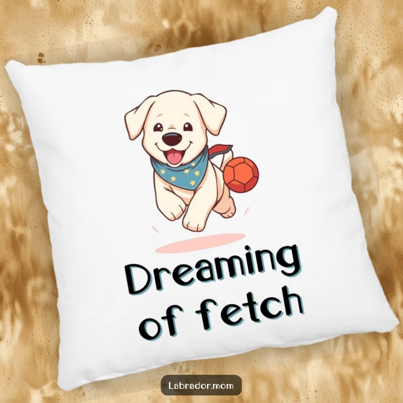 Funny Pillow: A plush pillow with a kawaii Labrador in a bandana excitedly running with a ball, perfect for dog lovers.