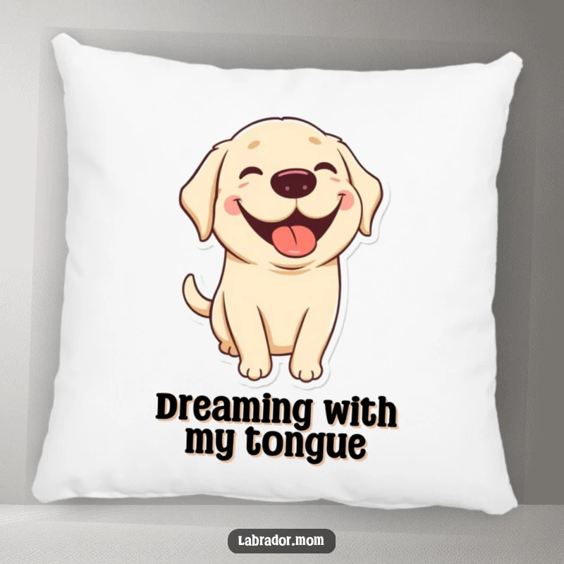 Funny kawaii Labrador pillow with a cute dog sporting a big grin and tongue out, offering cozy comfort and humorous dog-themed decor.