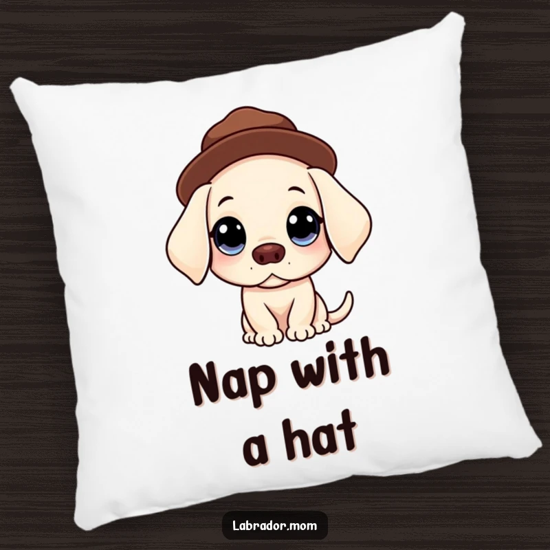 Funny Kawaii Labrador pillow with big, innocent eyes balancing a hat, offering cozy comfort and sweet, humorous charm.