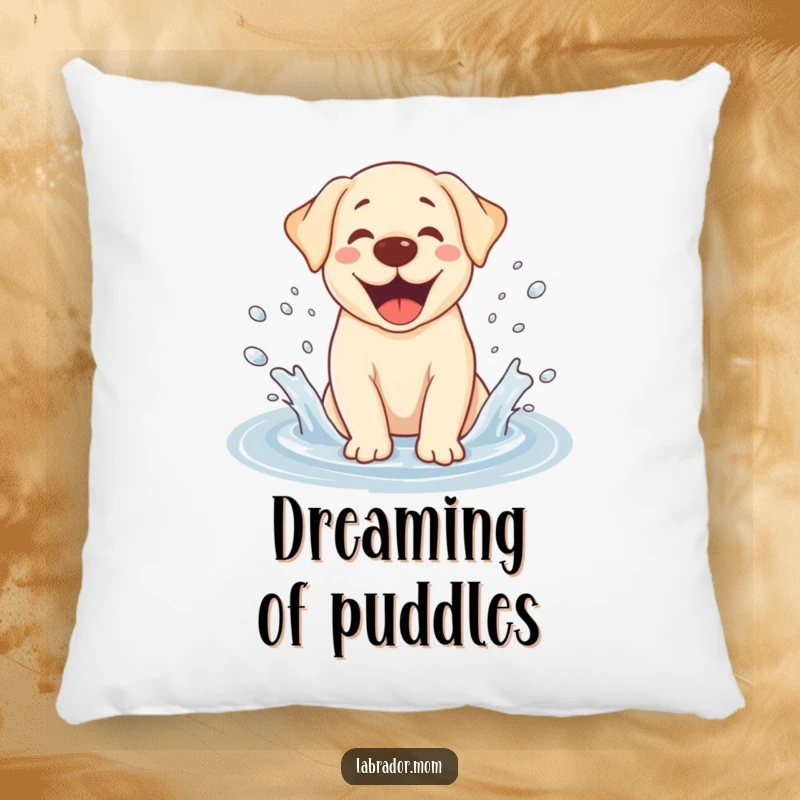 Funny Kawaii Labrador pillow, resting comfortably, depicting a dog joyfully splashing in a puddle, water splatters adding a playful touch.