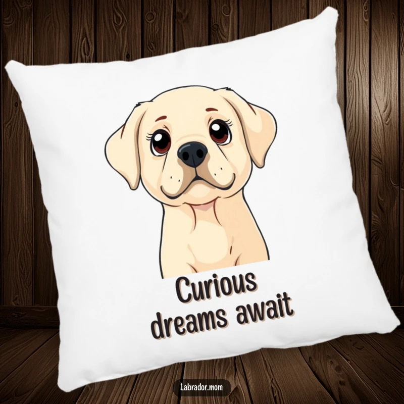 Funny Labrador pillow featuring a dog with wide, curious eyes looking up, soft and decorative, a perfect funny gift.