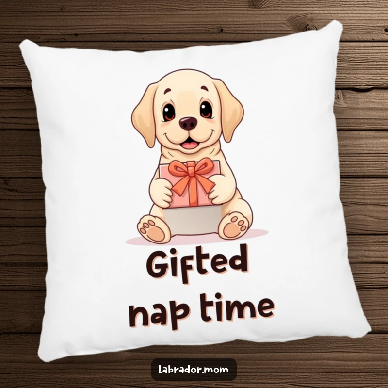 Funny Labrador pillow featuring a dog presenting a perfectly wrapped gift, soft and decorative, a perfect funny gift.
