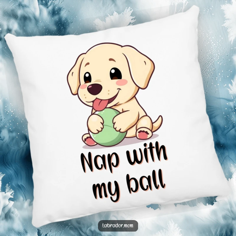 Funny Kawaii Labrador pillow, a happy dog panting with a floppy ear, holding a ball, offering comfort and cheer.