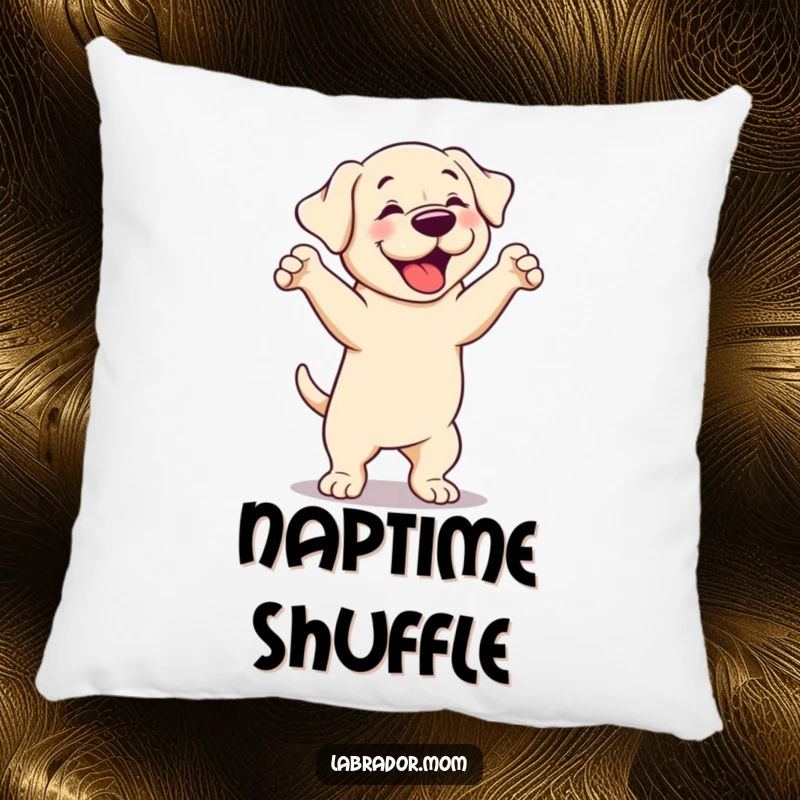 Funny cute Labrador dog pillow, soft and decorative, illustrating a dog doing a silly, happy dance.