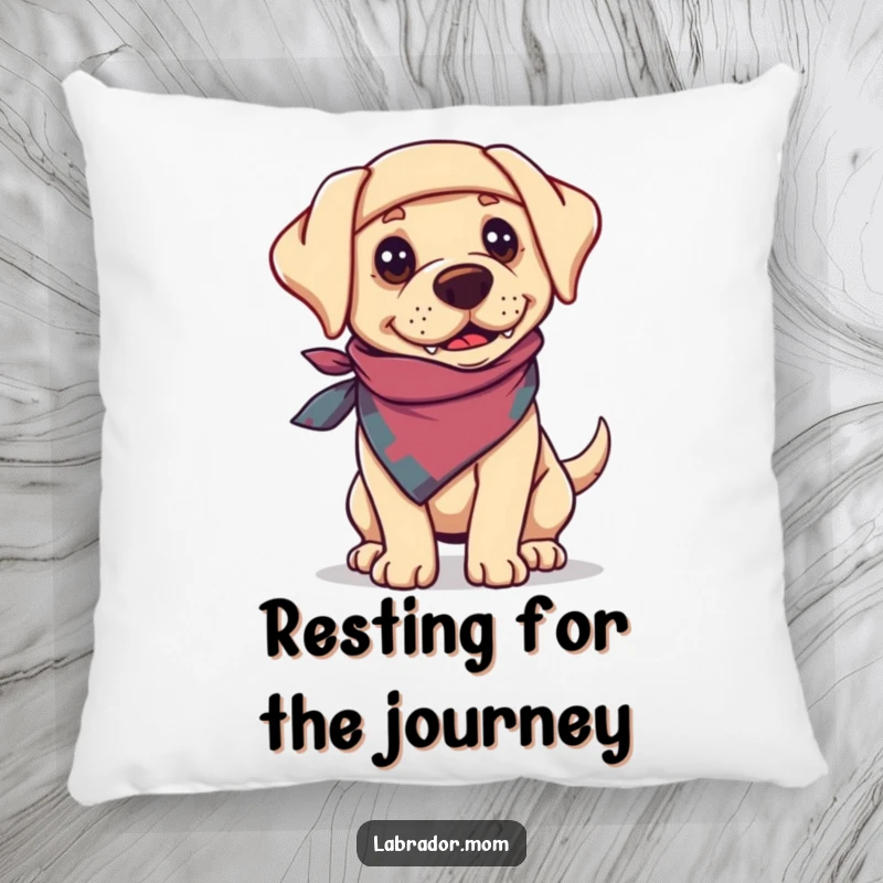 Funny Labrador dog wearing a bandanna, looking adventurous and relaxed on a soft decorative pillow.