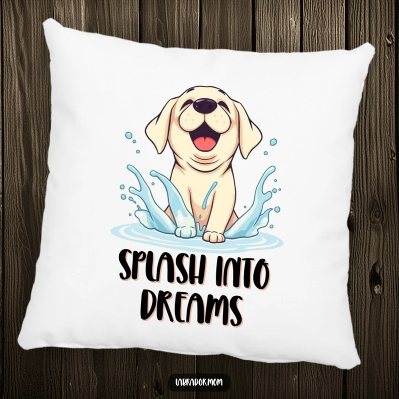 Funny Pillow showing a joyful, animated Labrador splashing water with happy abandon, adding a touch of wet-pawed fun.