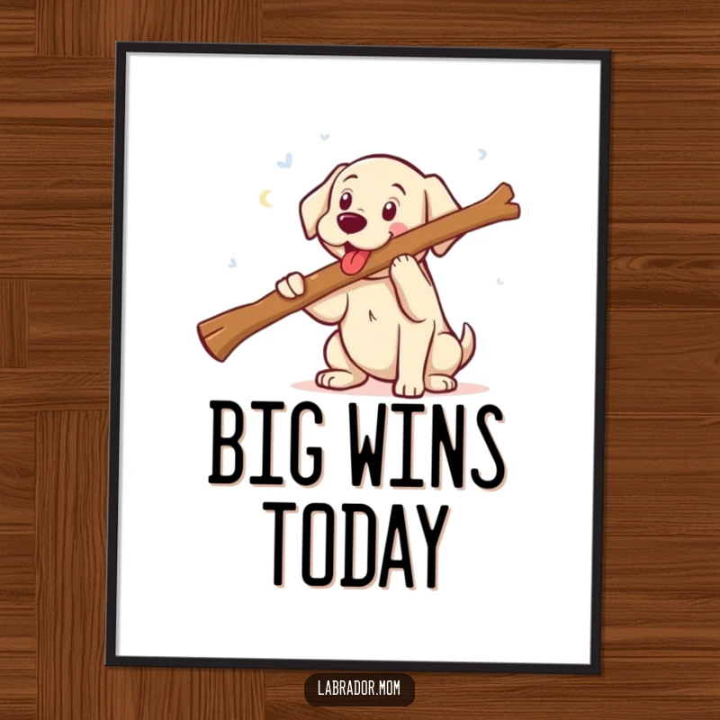 Funny kawaii Labrador fetching a comically large stick with a huge smile, high-resolution digital art print for instant decor.