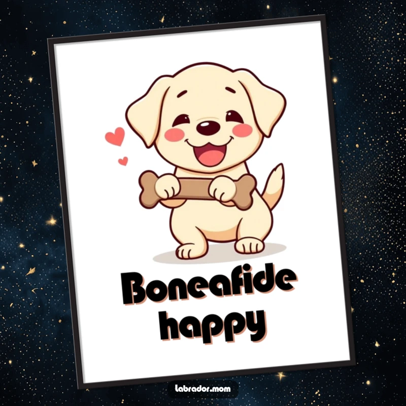 Funny Kawaii Labrador Digital Art Print of a dog wagging its tail with a bone, perfect for humorous decor.