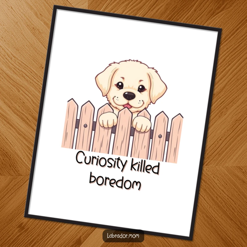 Funny Labrador pup peeking over a fence with an eager expression, available as a high-resolution digital art print for immediate download.