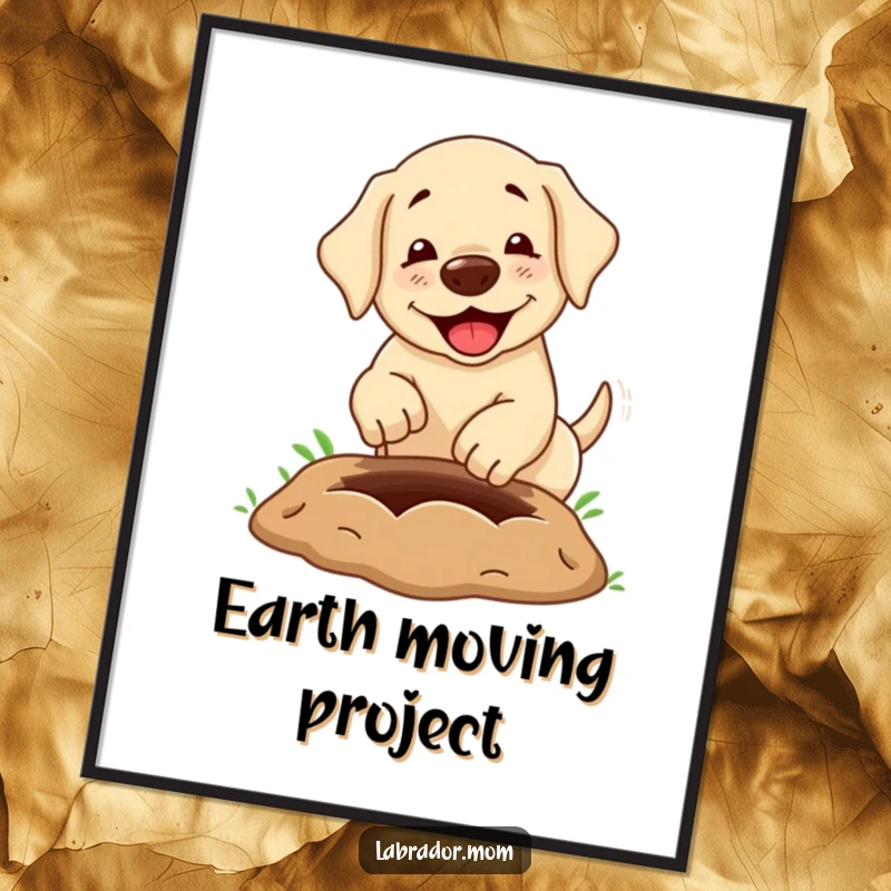 Funny Digital Art Print: A kawaii labrador dog humorously digging a comically large hole, offering instant download art for dog enthusiasts.