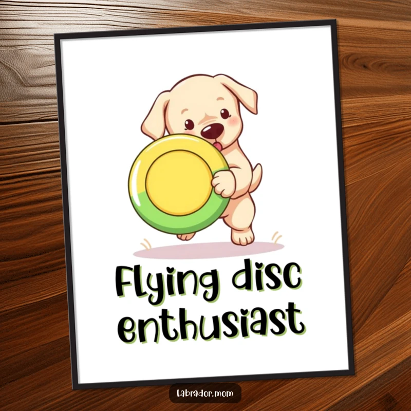 Funny Labrador puppy digital art print, a cute cub joyfully fetching a colorful Frisbee, full of energy.