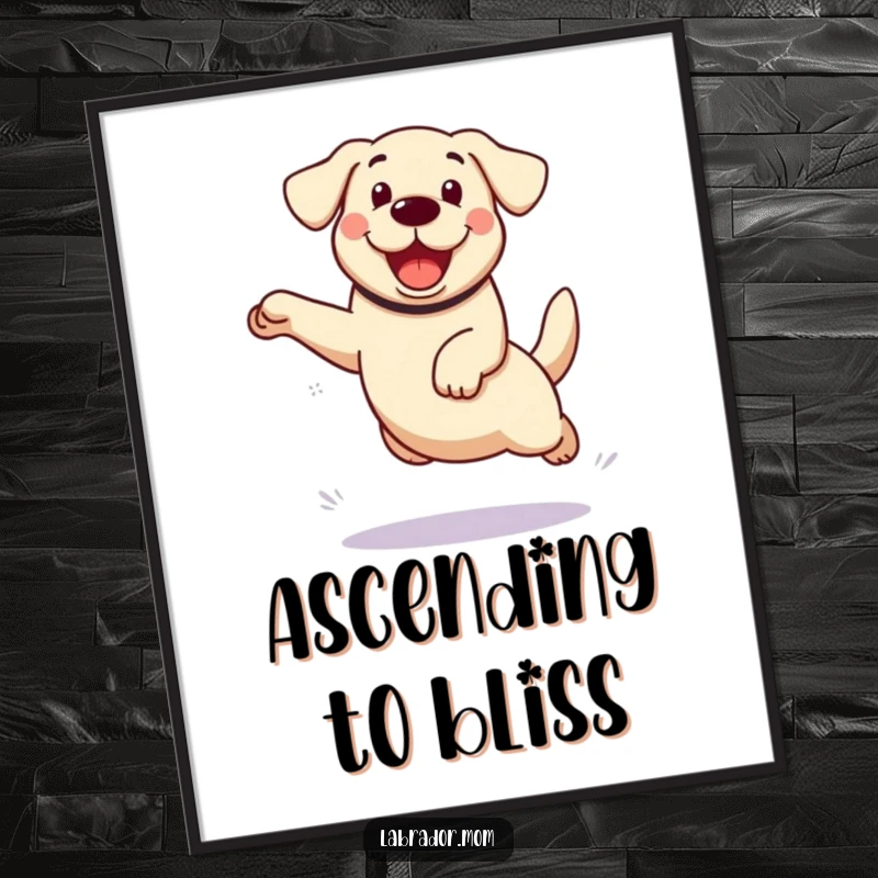 Funny kawaii Labrador dog digital art print, capturing an exhilarating, enthusiastic leap with vibrant colors and a joyful expression.